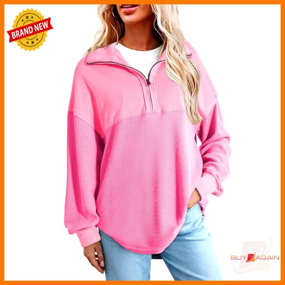 Tops - Waffle Knit Half Zip Pullover Sweatshirt Loose Fit Long Sleeve Tops